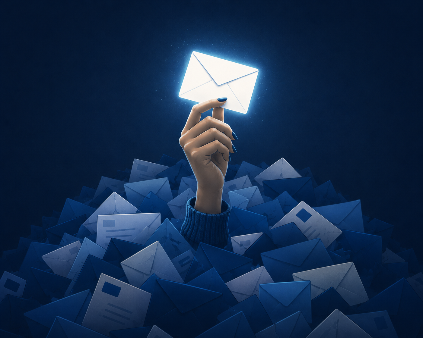 Woman buried in emails holding an important message